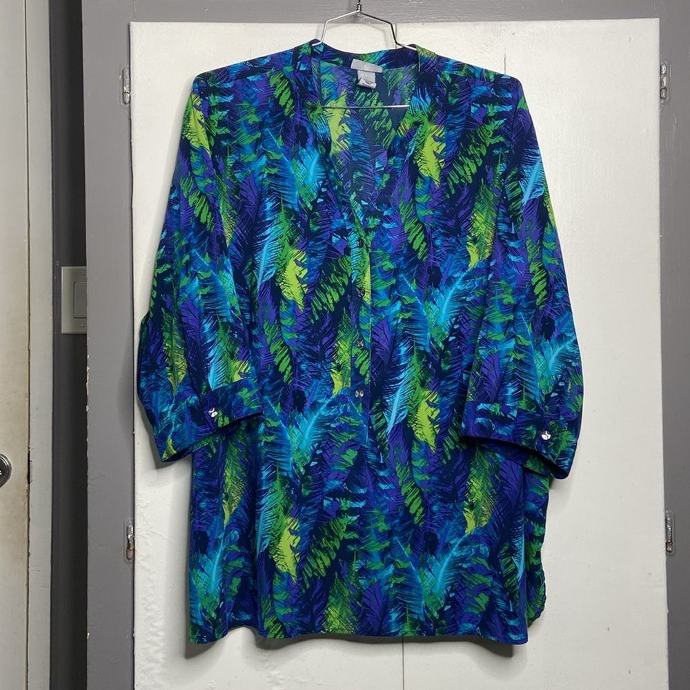 catherines womens 3/4 sleeve blouse shirt size 3x top tropical Hawaiian Beach